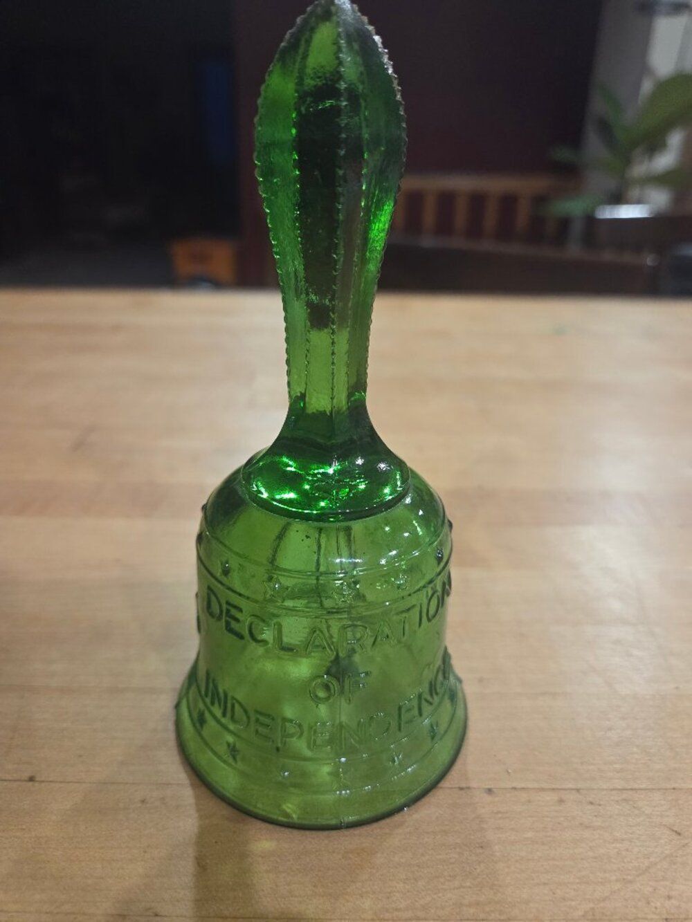 Vintage 1976 Bicentennial Green Glass Liberty Bell Commemorative Hand Bell